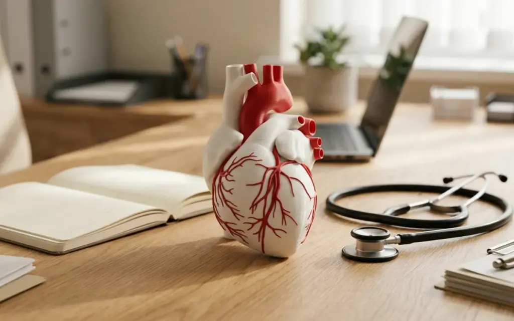 A PLA anatomical heart model on a doctor’s desk next to a stethoscope