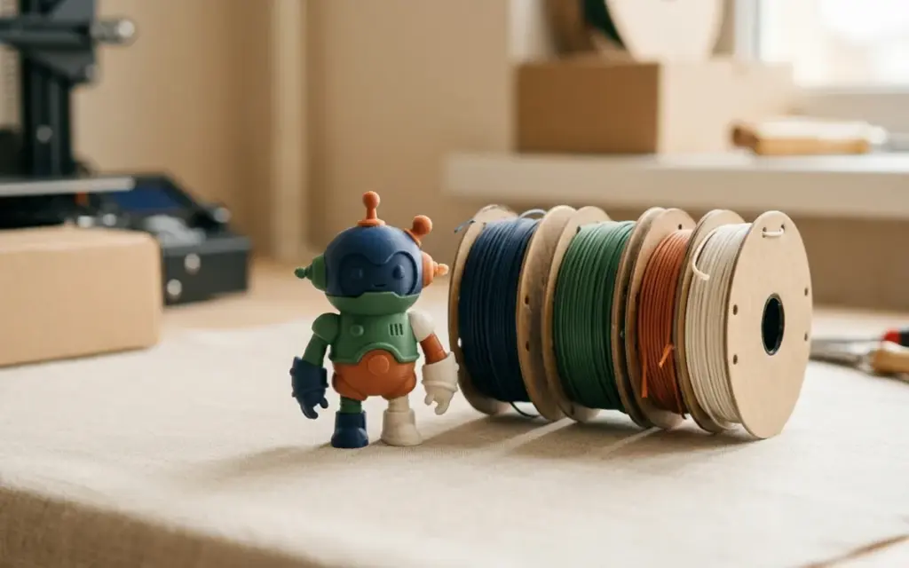 A multicoloured PLA figure next to spools of the same colours