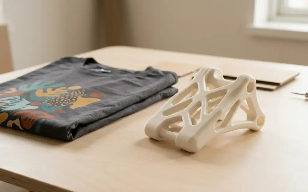 A T-shirt with a colour print next to a printed PLA part