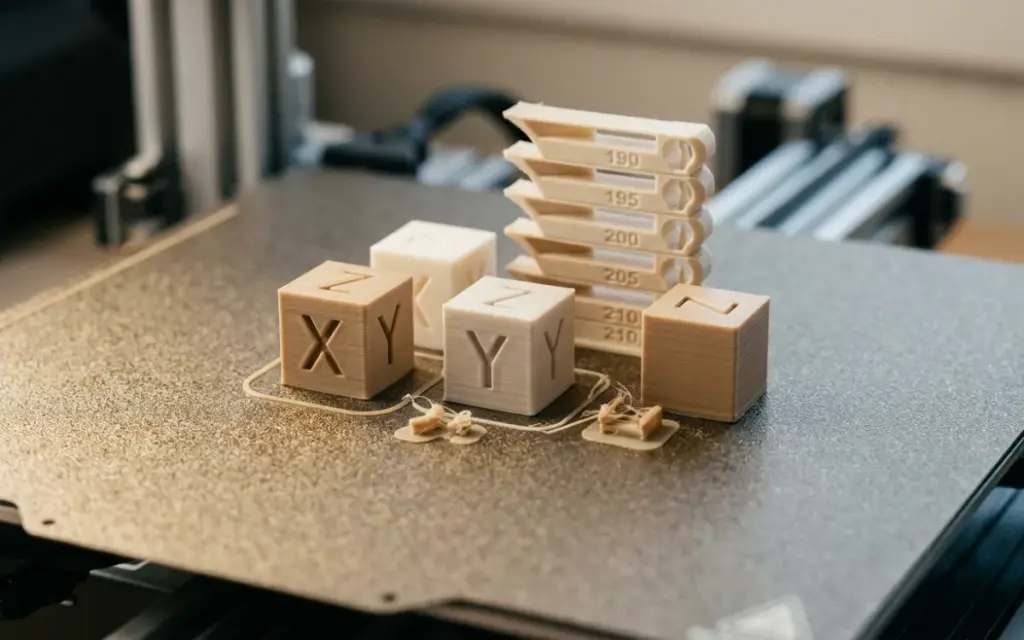 PLA calibration cubes and a temperature tower on a printer bed