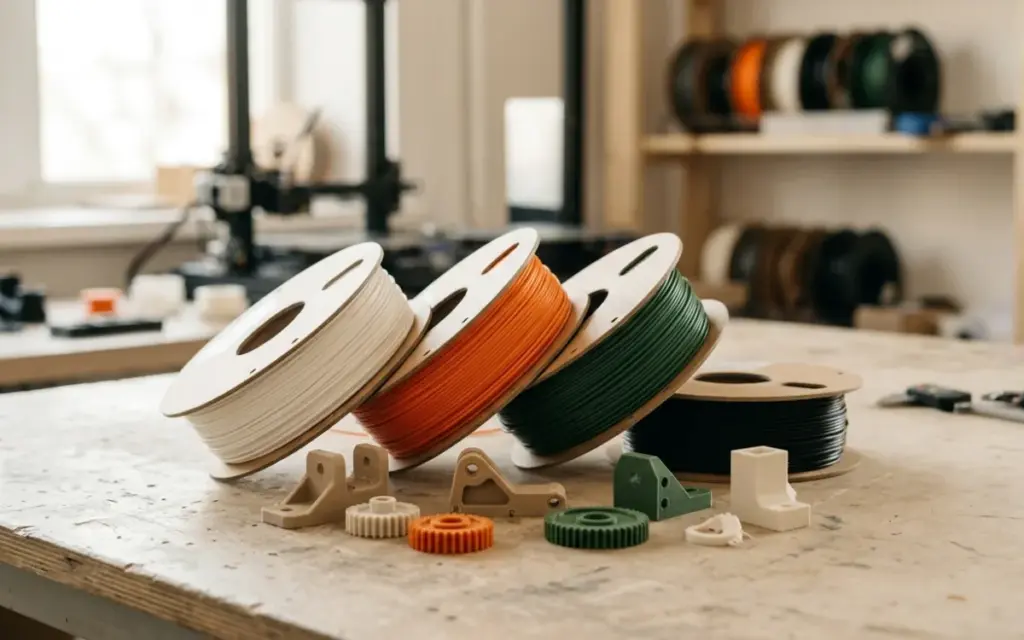 Spools of PLA in different colours and parts printed from them