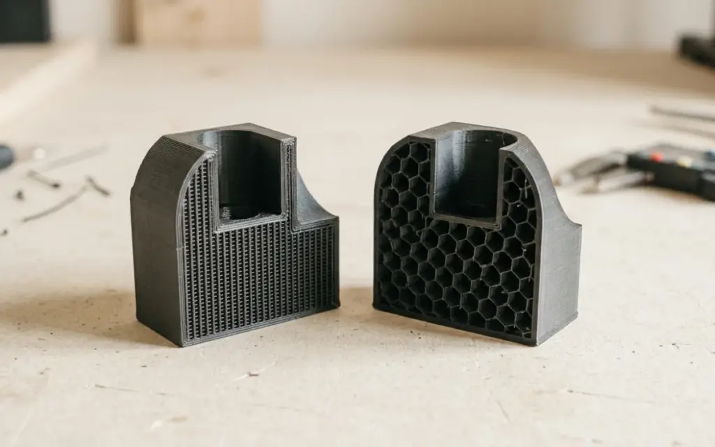 Two identical parts in cross-section: dense and sparse infill